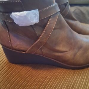 Life Stride Brown Wedge Ankle Boot with Cross-Strap Detail